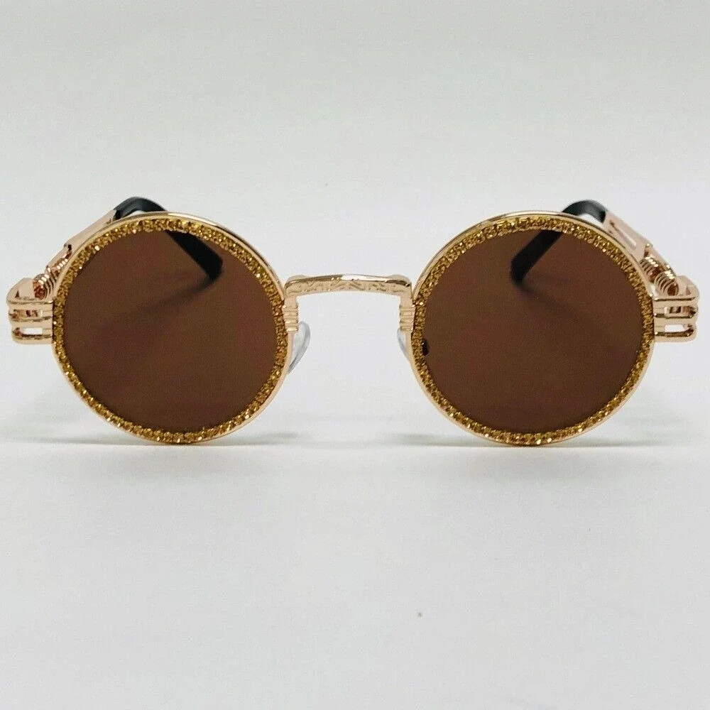 Round‎ Sunglasses Steampunk Style Gold Rhinestone Accent Men Diamond Brown Lens